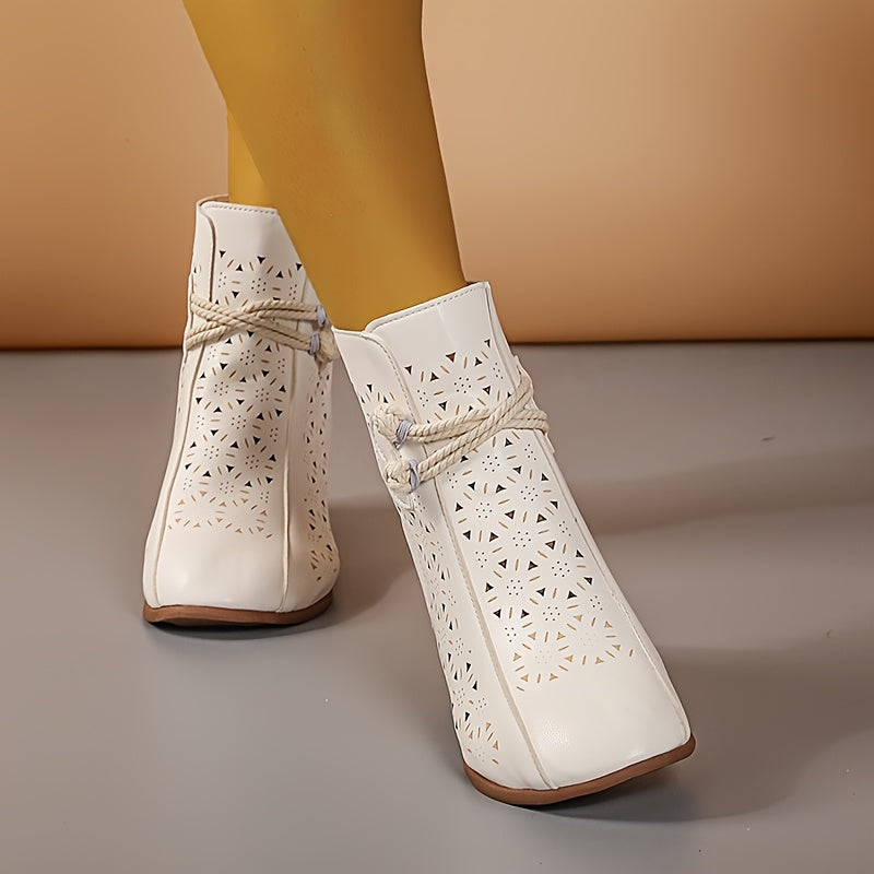 Women's Retro Round Toe Hollow Short Boots with Chunky Heel and Non-slip Sole