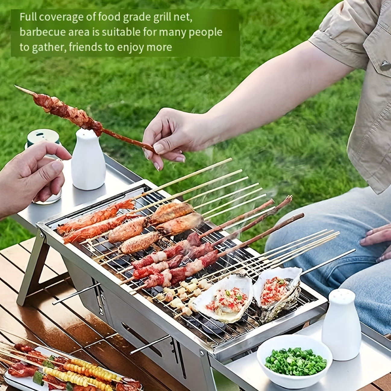 Stainless Steel Outdoor Charcoal Grill Set with Folding Skewer Stove for BBQ and Household Use