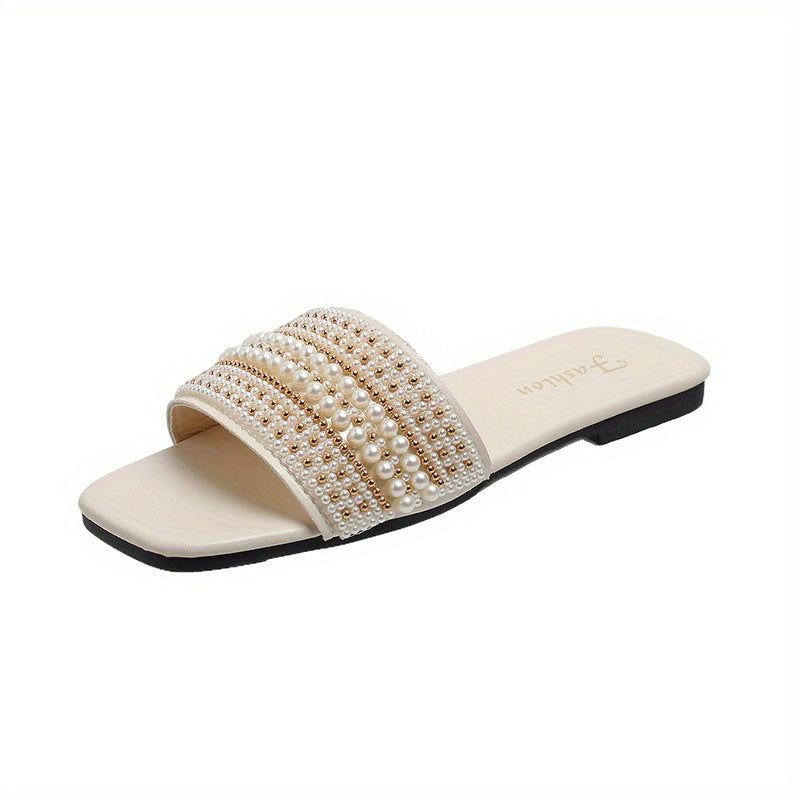 Women’s Pearl-Embellished Slide Sandals Faux Leather Flat Summer Footwear