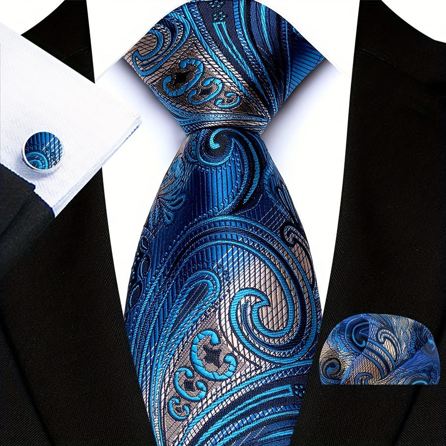 Men's Paisley Pattern Tie Set with Pocket Square and Cuffs for Business Formal