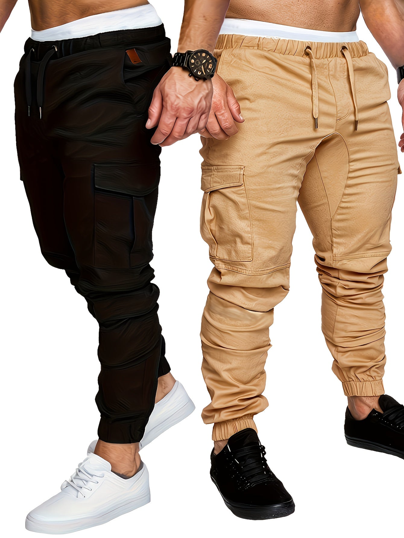 Men's Cargo Pants Set Cotton Solid Color Drawstring Waist Regular Fit All-Season