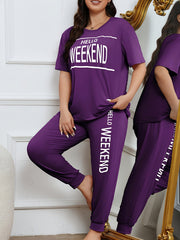 Plus Size Women's Lounge Set Beige Short Sleeve Top and Pants All-Season