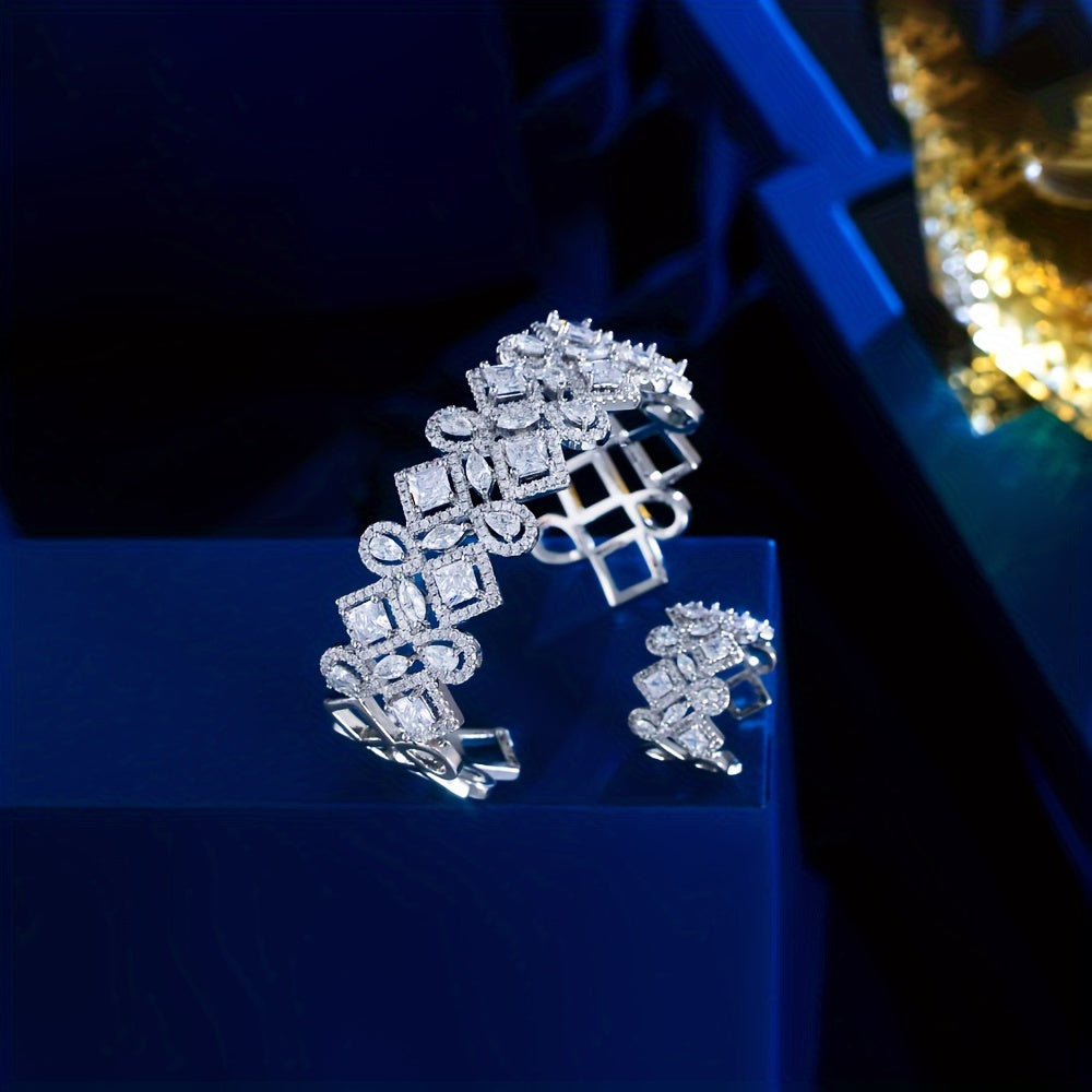 Ayollar uchun nozik kvadrat zirkoni bilaguzuk va uzuk to'plami, to'y va vintage kechki ziyofatlar uchun mukammal