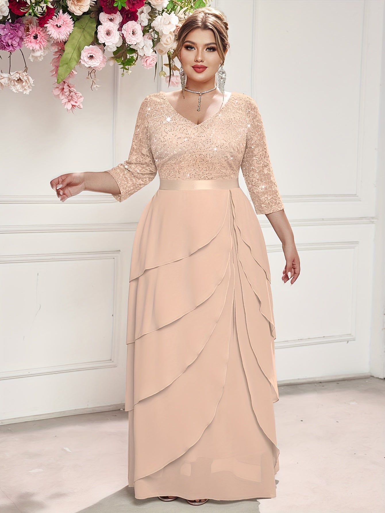 Plus Size Women's Sequin Lace V-Neck Maxi Dress Formal Evening Gown