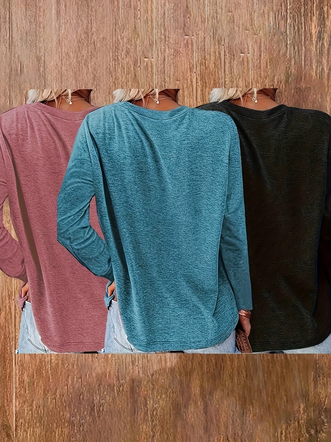 Plus Size Women Long Sleeve T-Shirts Polyester Knit Geometric Pack of 3