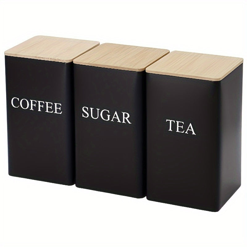 Square Metal Canisters Set with Wooden Lids for Tea Sugar Coffee Storage