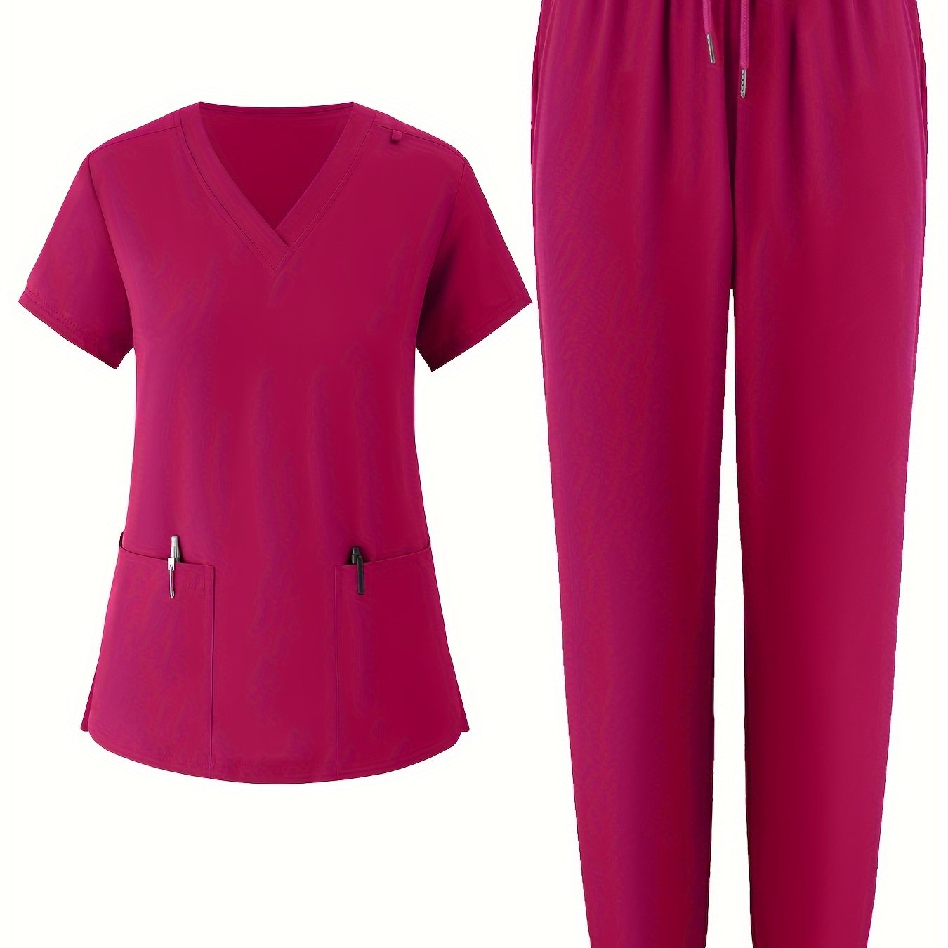 Women's V-Neck Scrub Set Solid Color Breathable Pockets All-Season Workwear