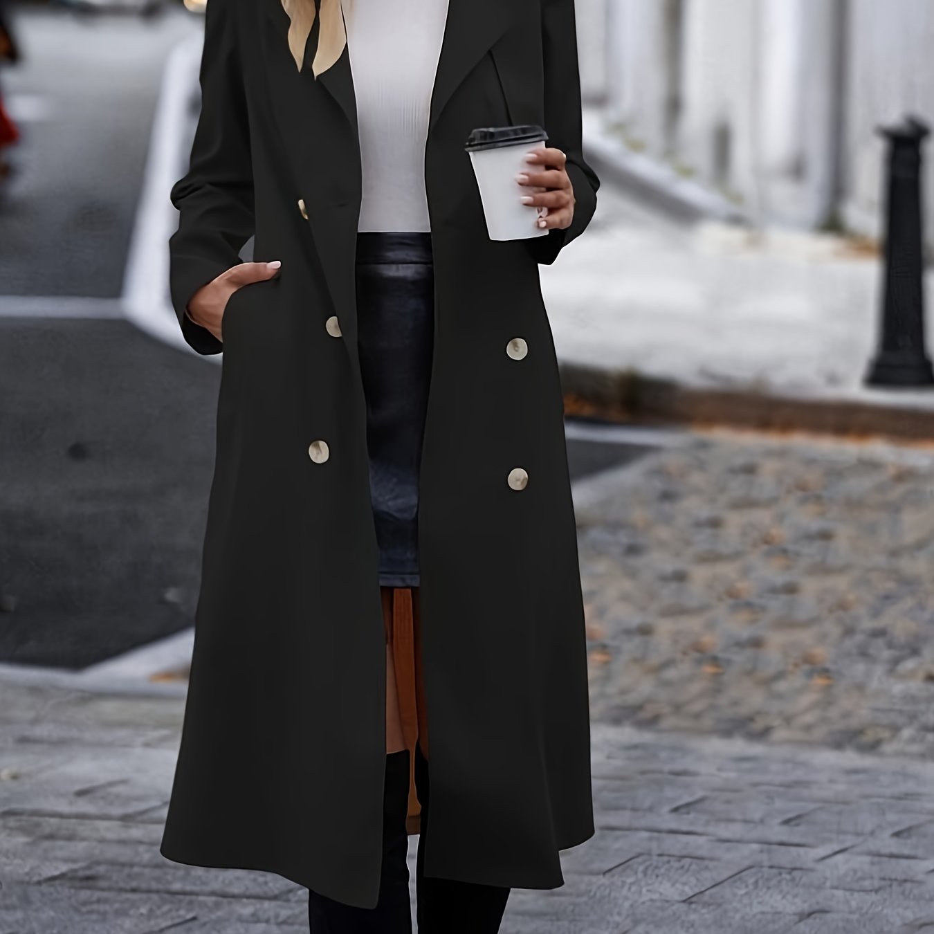 Women's Long Sleeve Belted Trench Coat with Double Buttons and Pockets