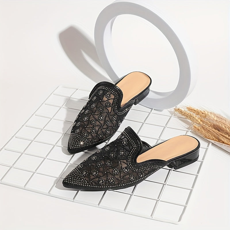 Women's Metallic Rhinestone Pointed Toe Chunky Heel Mules Shoes