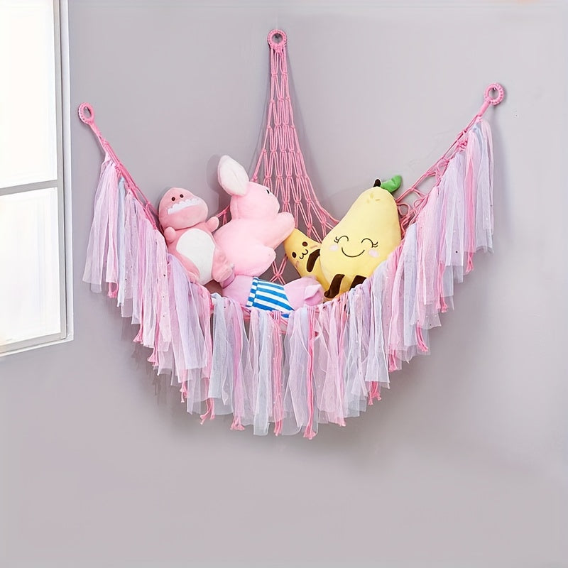 Handwoven Fabric Triangle Hammock for Dolls and Plush Toys with Corner Storage Net