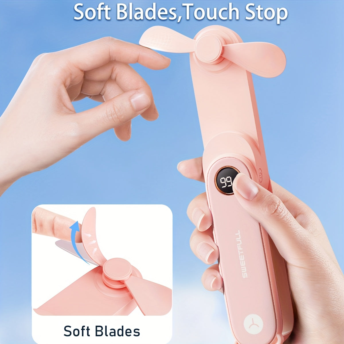 Mini Handheld USB Rechargeable Fan with LED Display and Flashlight, Portable Foldable Personal Fan