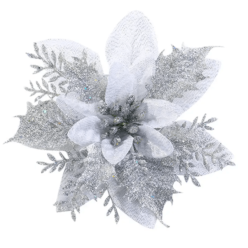 10 Golden and Silvery Artificial Christmas Decorations with Red Flowers Ornaments and Wreaths