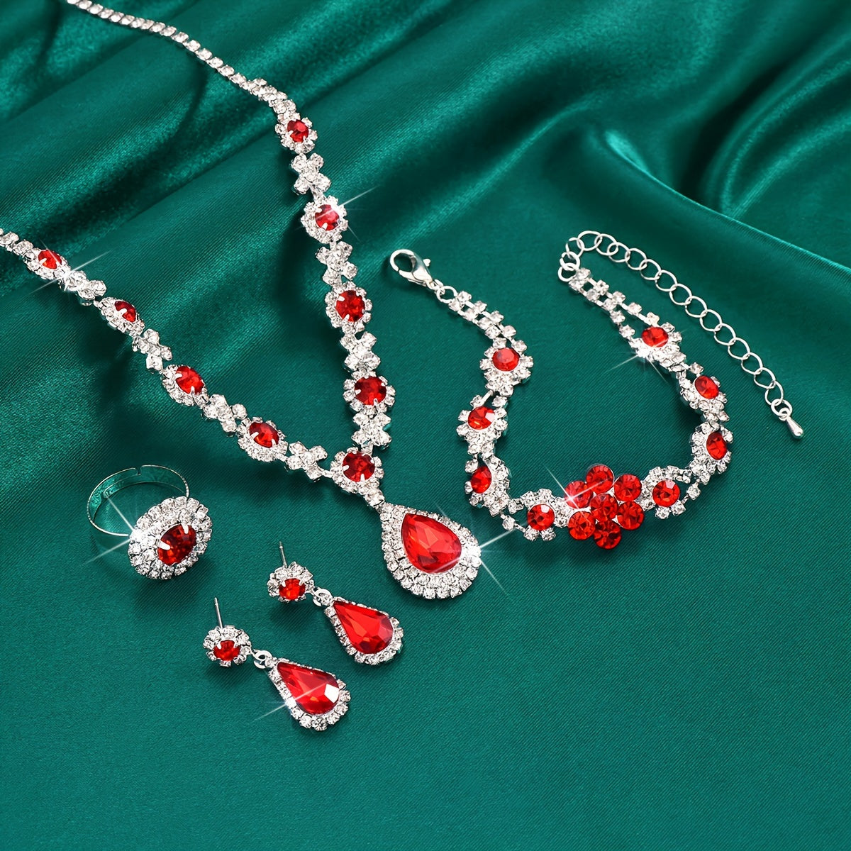 Vintage Silver Plated Jewelry Set with Synthetic Gemstones and Rhinestones for Wedding and Vacation