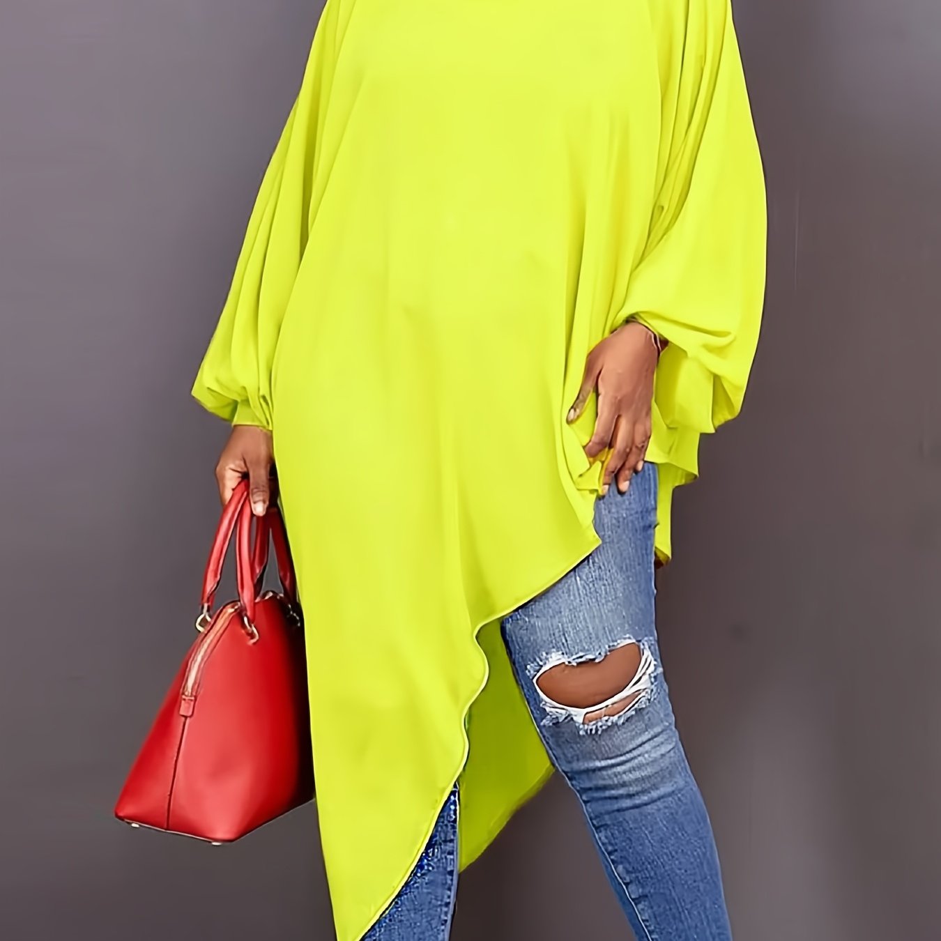 Plus Size Knit Top Asymmetrical High Stretch Yellow Casual Allseason