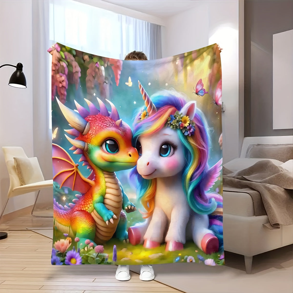 Fleece Blanket with Dinosaur and Unicorn Prints for Kids Home Office Camping