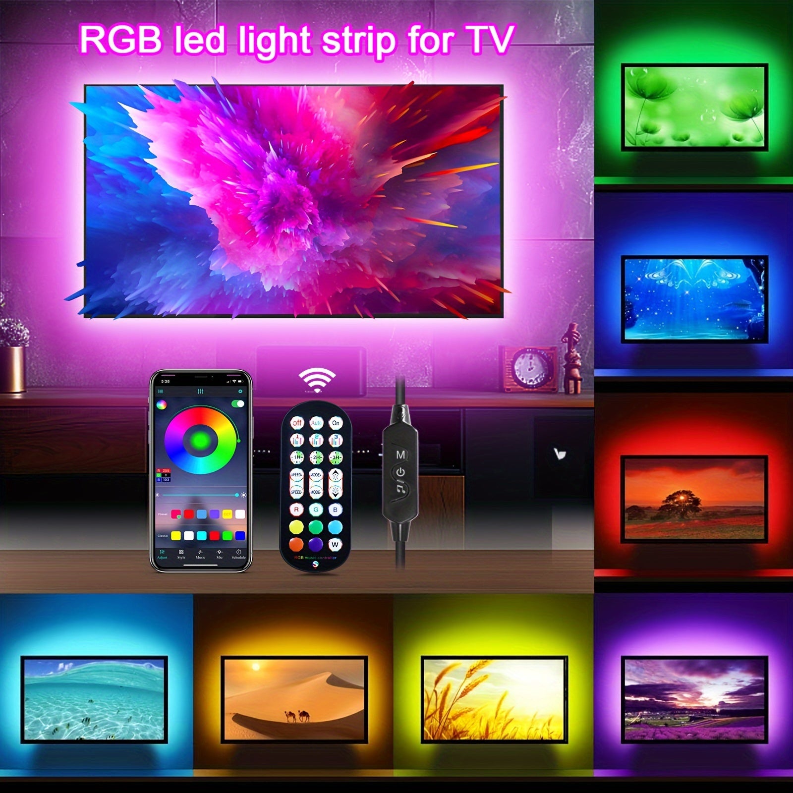 RGB LED TV Backlight Strip Dimmable Multi-Color USB Powered Remote App Control Indoor Lighting 2-5m