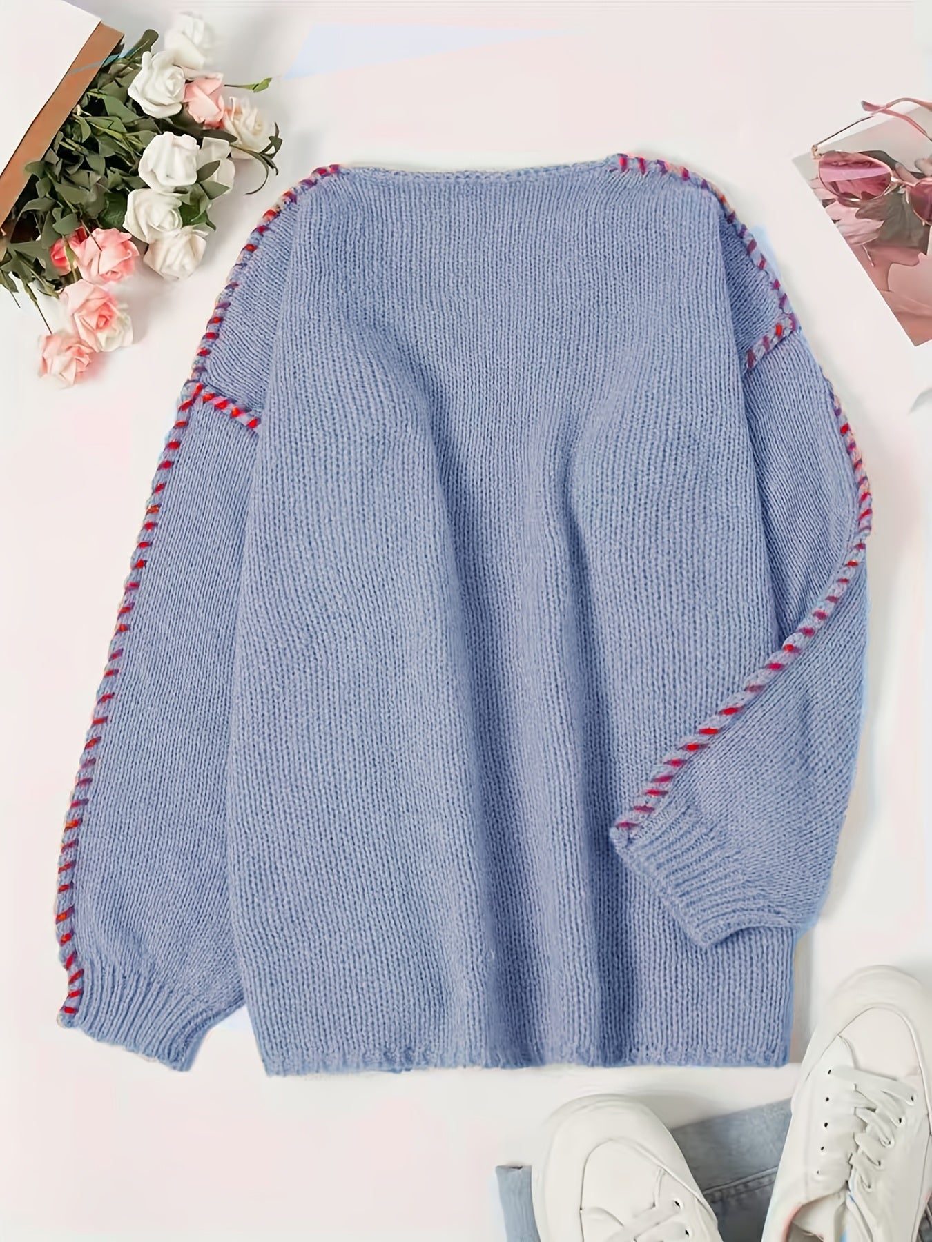 Plus Size Women V-Neck Long Sleeve Pullover Sweater Soft Blue Red Cuffs