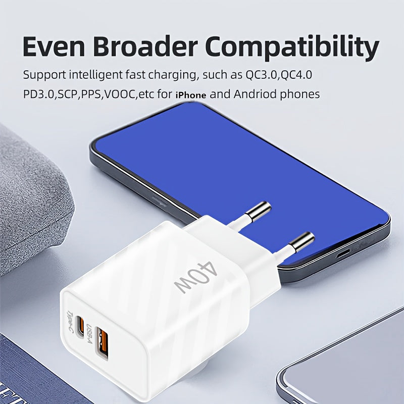 40W Dual Port USB-C Wall Charger Fast Charging PD QC 4.0 for iPhone iPad Samsung Pixel