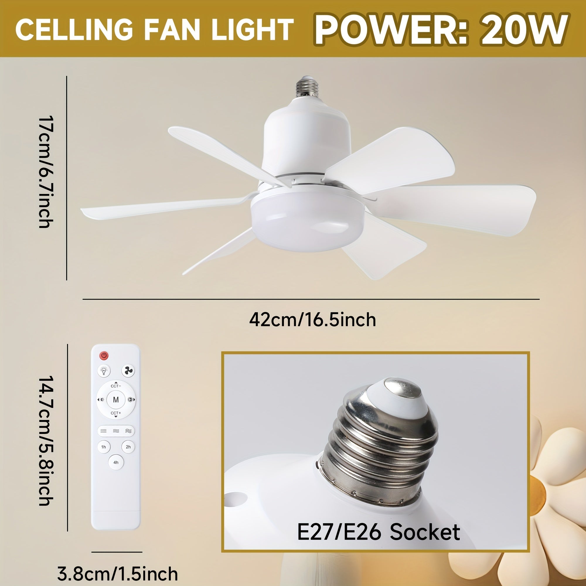 Dimmable Ceiling Fan with Remote Control and E27/E26 Bulb Socket for Indoor Rooms