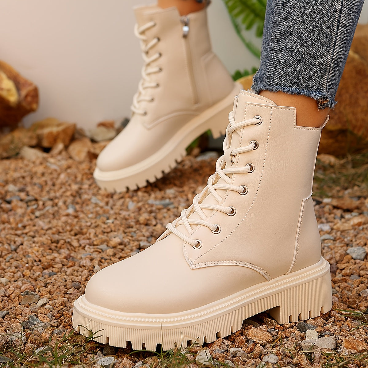 Women's Fleece-Lined Casual Short Boots Autumn Winter Warm Solid Color