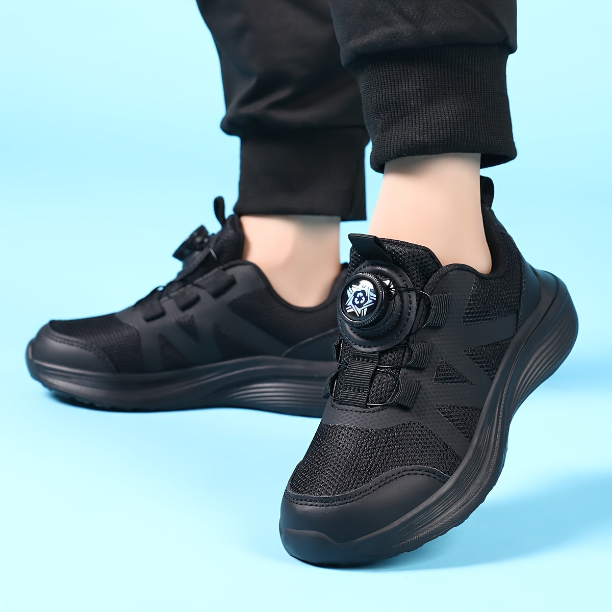 Kids' Breathable Mesh Running Shoes with Rotating Buckle Black All-Season Sneakers for Boys and Girls