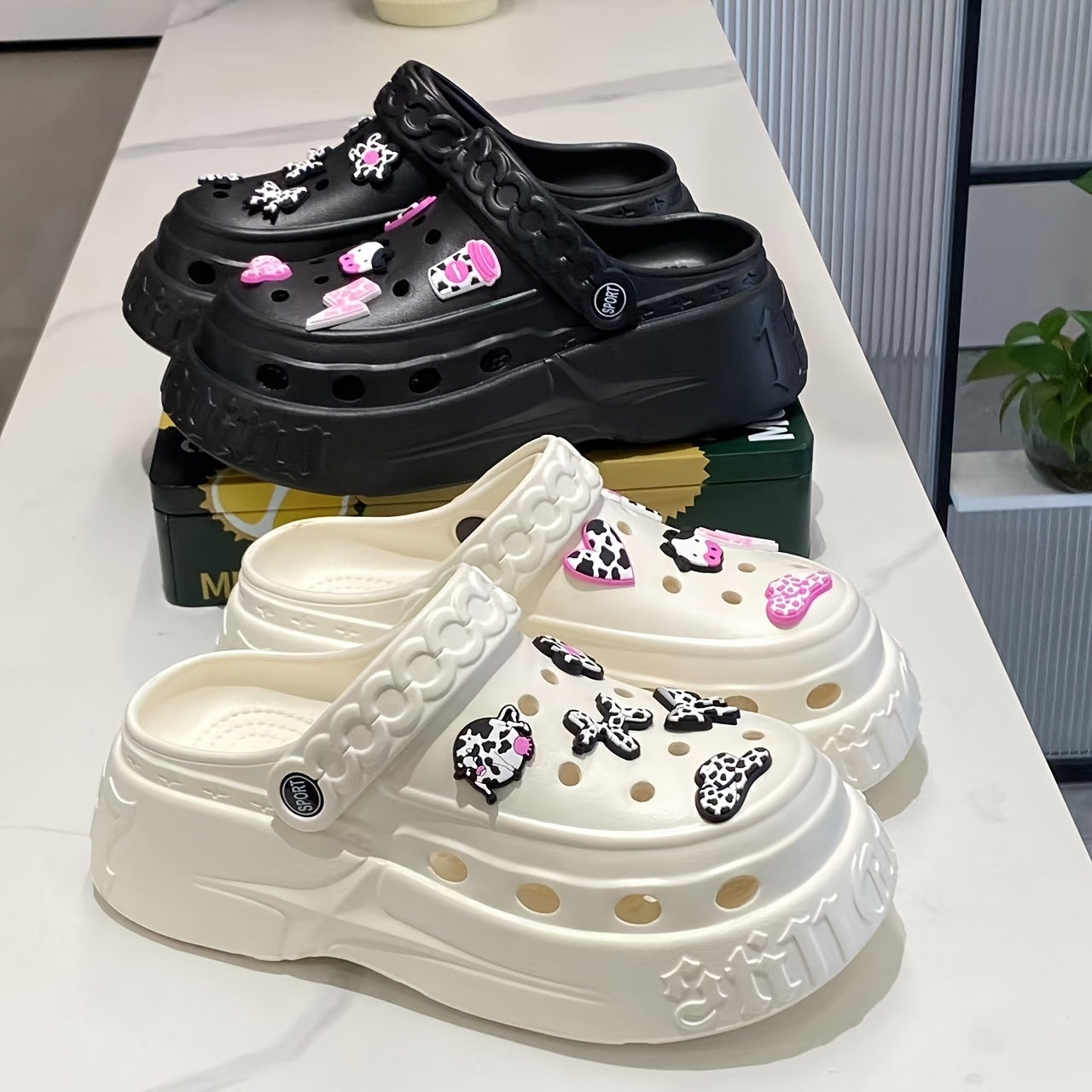 Women's Platform Clogs Shoes with Cushioned Insole, Lightweight EVA, Black White