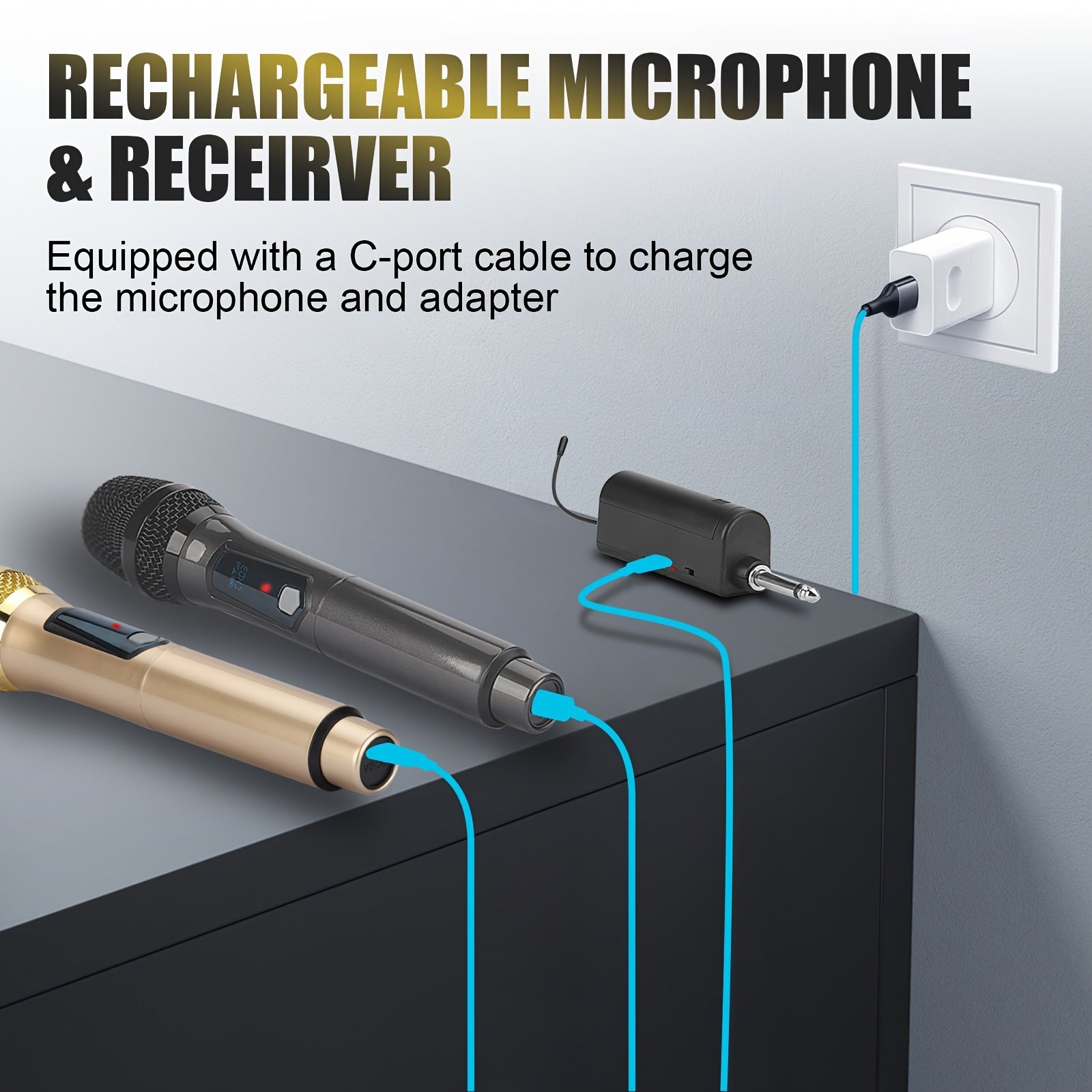 Universal simsiz mikrofon, ikki kanal bilan, qayta zaryadlanadigan, ulash va ishlatish uchun tayyor, karaoke, nutqlar, to'ylar, cherkov xizmatlari va ommaviy nutq tizimlari kabi turli foydalanishlar uchun mos.