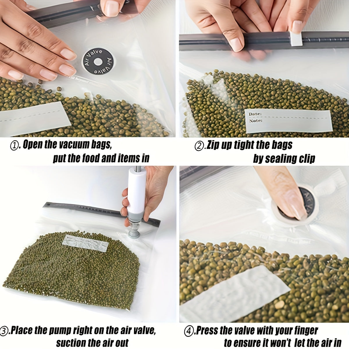 Набор из 20 вакуумных пакетов для хранения продуктов с зажимами и ручным насосом для сохранения свежести