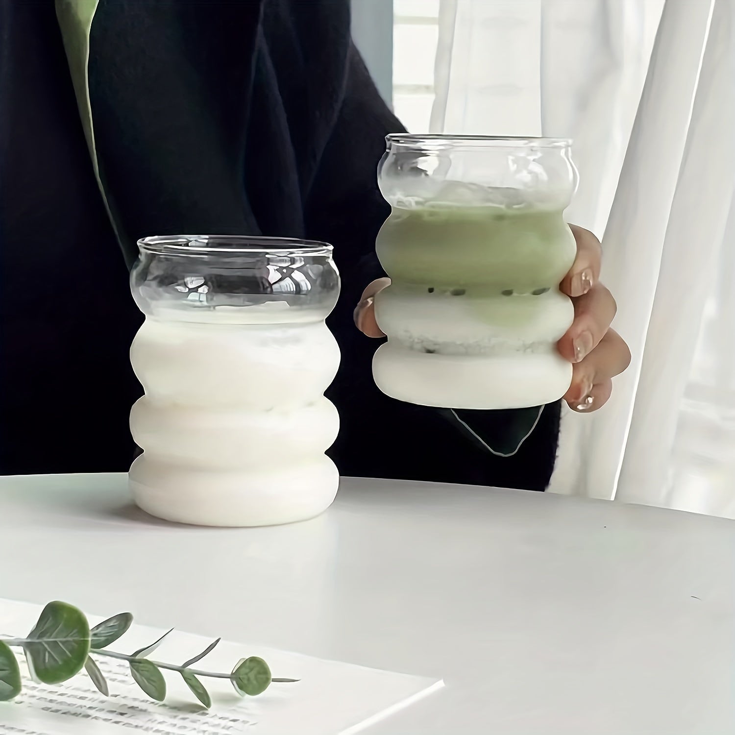 Set of 2 12oz Glass Cups with New Wave Design in Pearl Box for Coffee Juice Wine