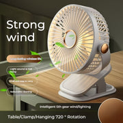 6-Inch Portable Clip-On Desk Fan with LED Night Light USB Rechargeable 5-Speed White