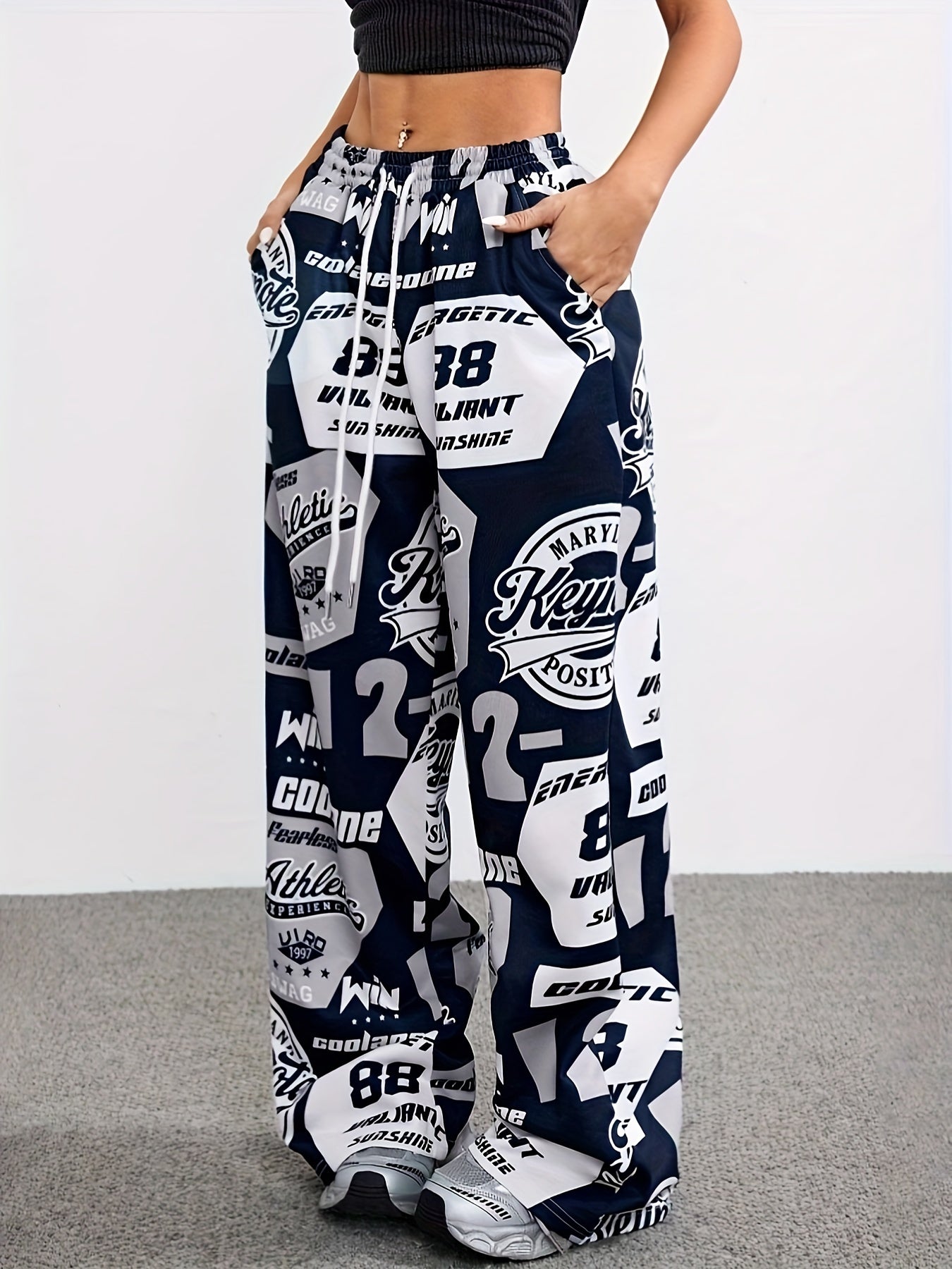 Women's Y2K Style Wide Leg Casual Soccer Pants with Letter Print Polyester Knit Drawstring Waist All-Season