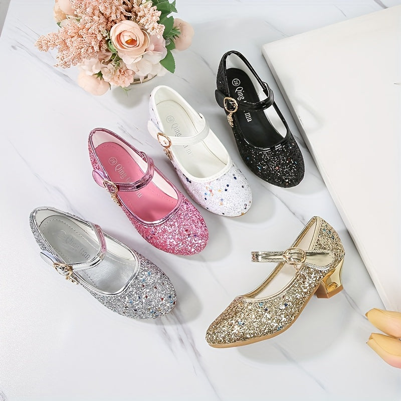 Girls' Crystal High-Heeled Shoes with Glitter and Sequins for Weddings and Parties
