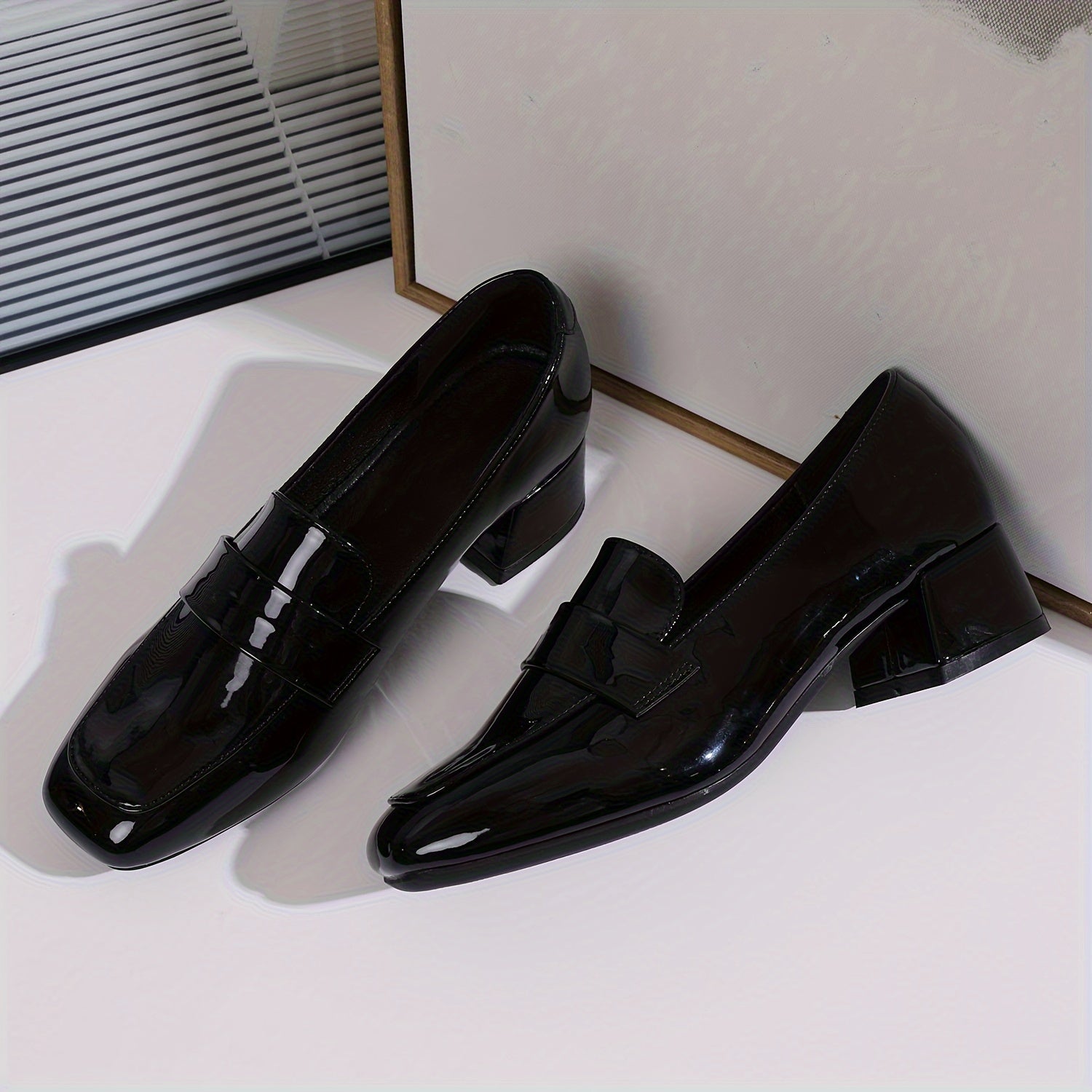 Women's Square Toe Penny Loafers with Chunky Heel and TPR Sole