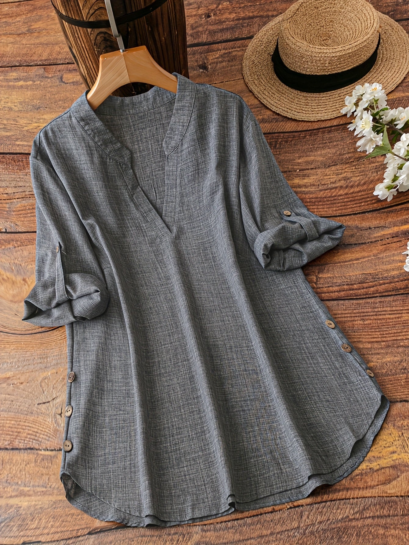 Plus Size V-Neck Blouse with Faux Buttons Polyester Spandex Solid Color All-Season