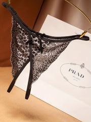 Women's Leopard Print Lace Trim Thongs with Bow Sexy Lingerie