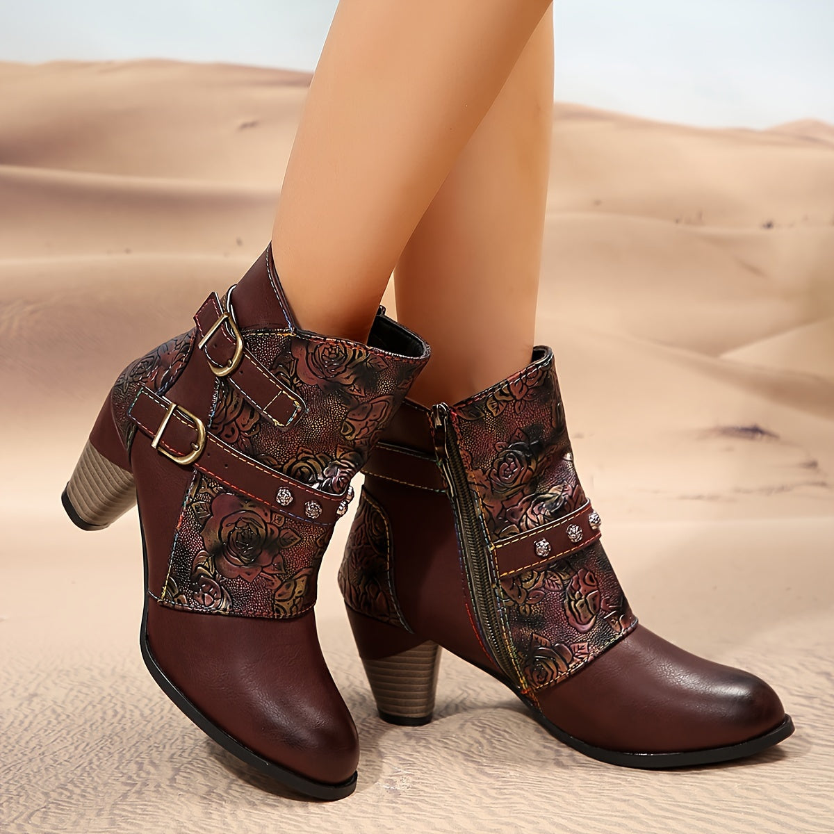 Women's Bohemian Rose Embossed PU Ankle Boots with Zipper and Cone Heel