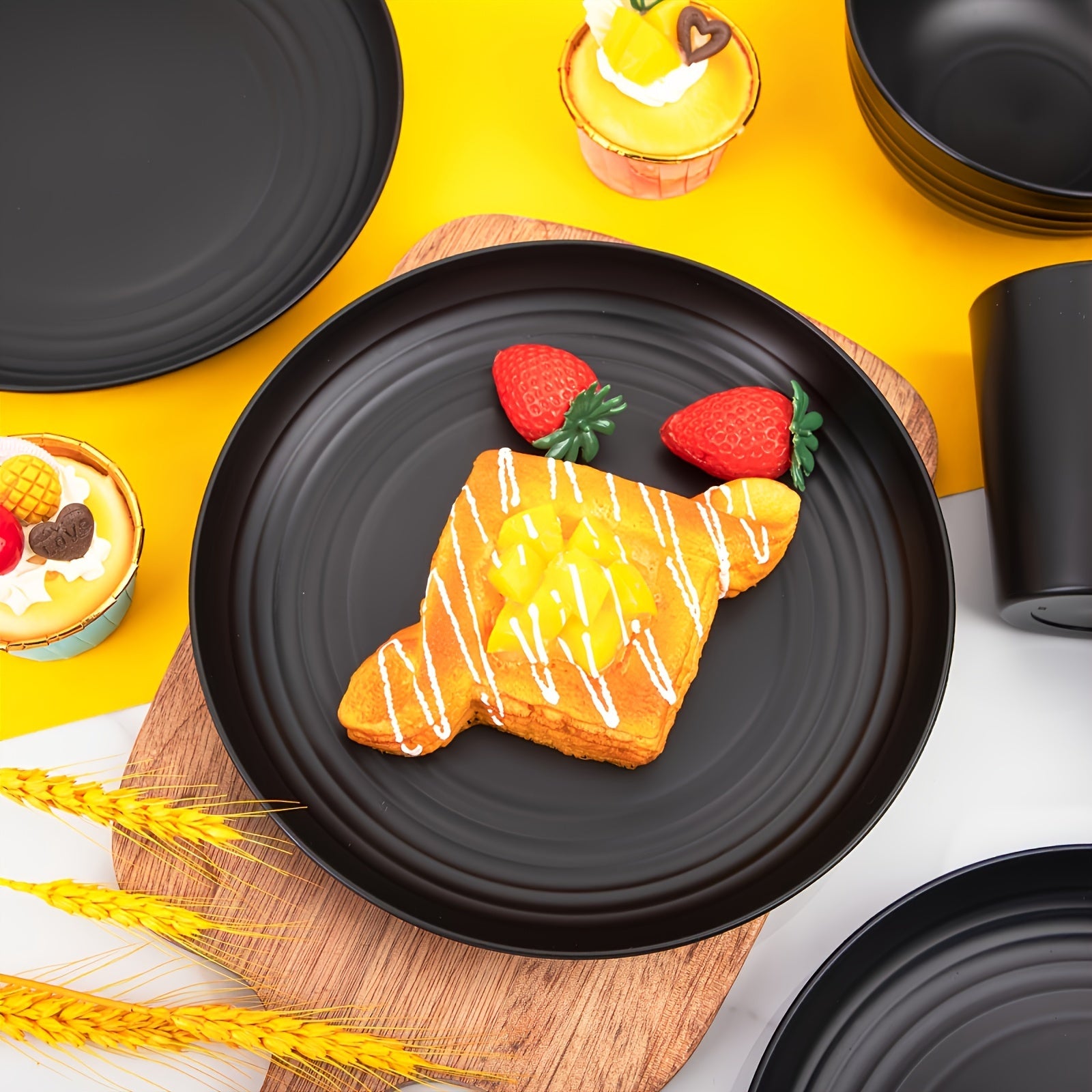 16-Piece Unbreakable Wheat Straw Plastic Dinnerware Set Microwave Dishwasher Safe Reusable Tableware