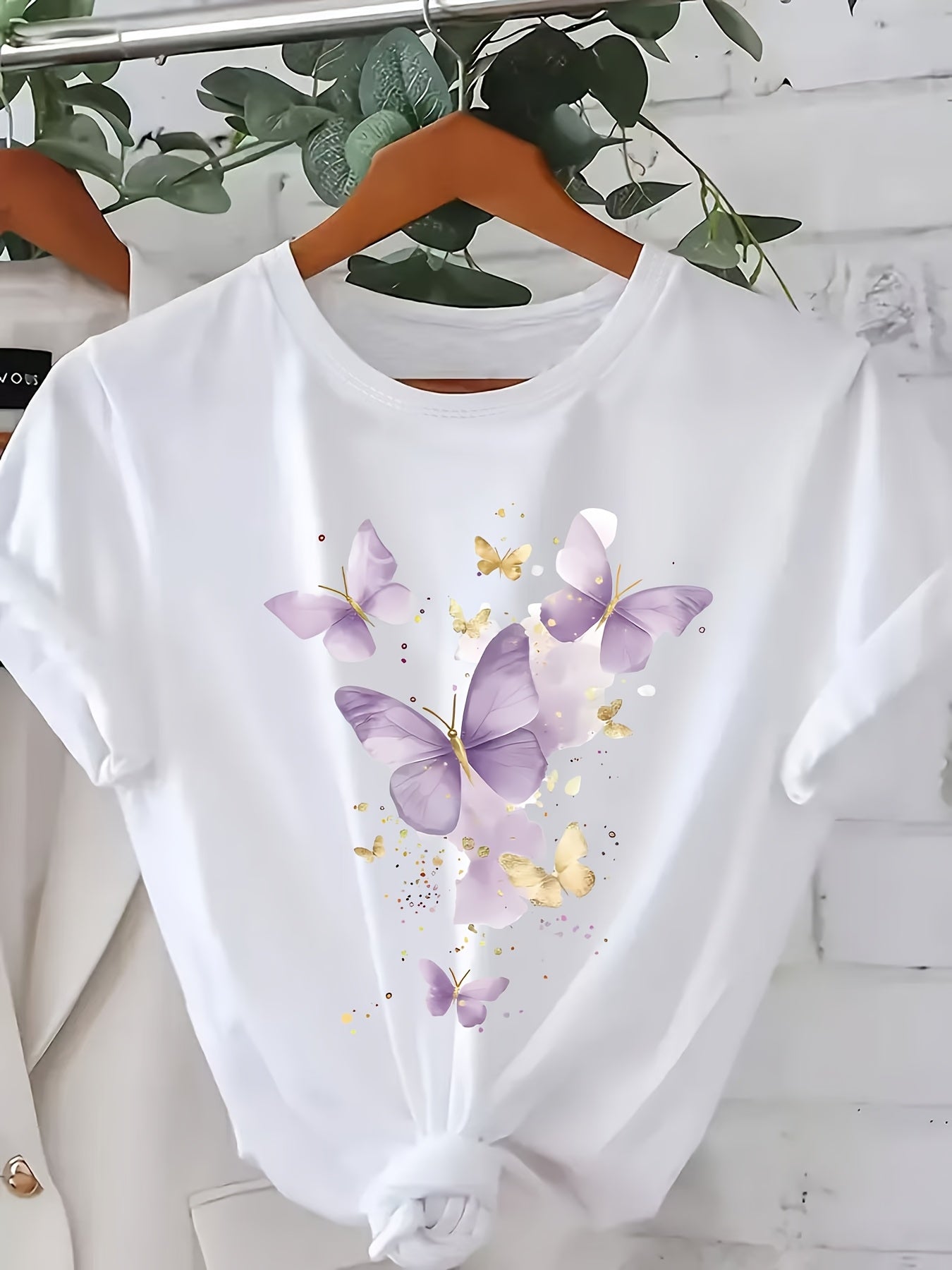 Women's Purple Butterfly Graphic T-Shirt Casual Short Sleeve Floral Top