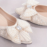 Women's High Heel Mary Jane Shoes with Rhinestone Bow Beige Pointed Toe