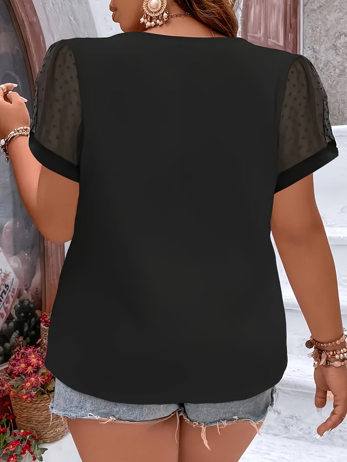 Plus Size V-Neck T-Shirt Women Lace Detail Breathable Mesh Short Sleeve Casual