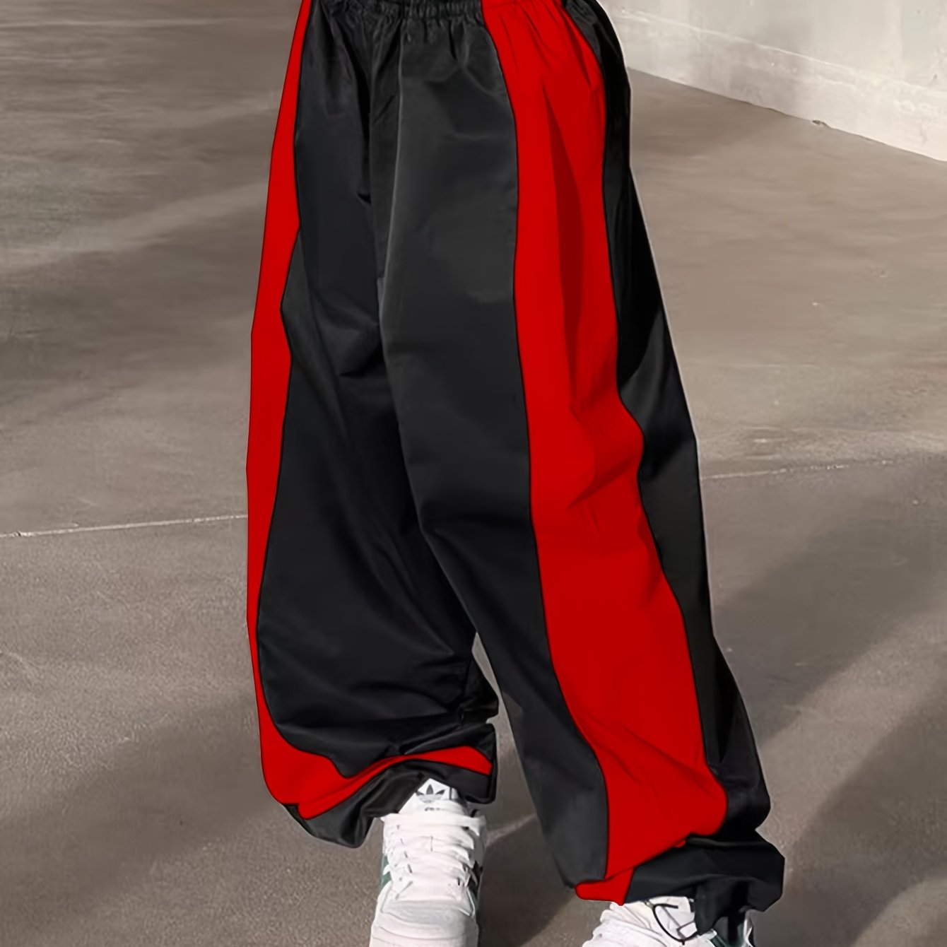 Women's Woven Color Block Elastic Waist Jogger Pants with Cuffed Ankle All-Season