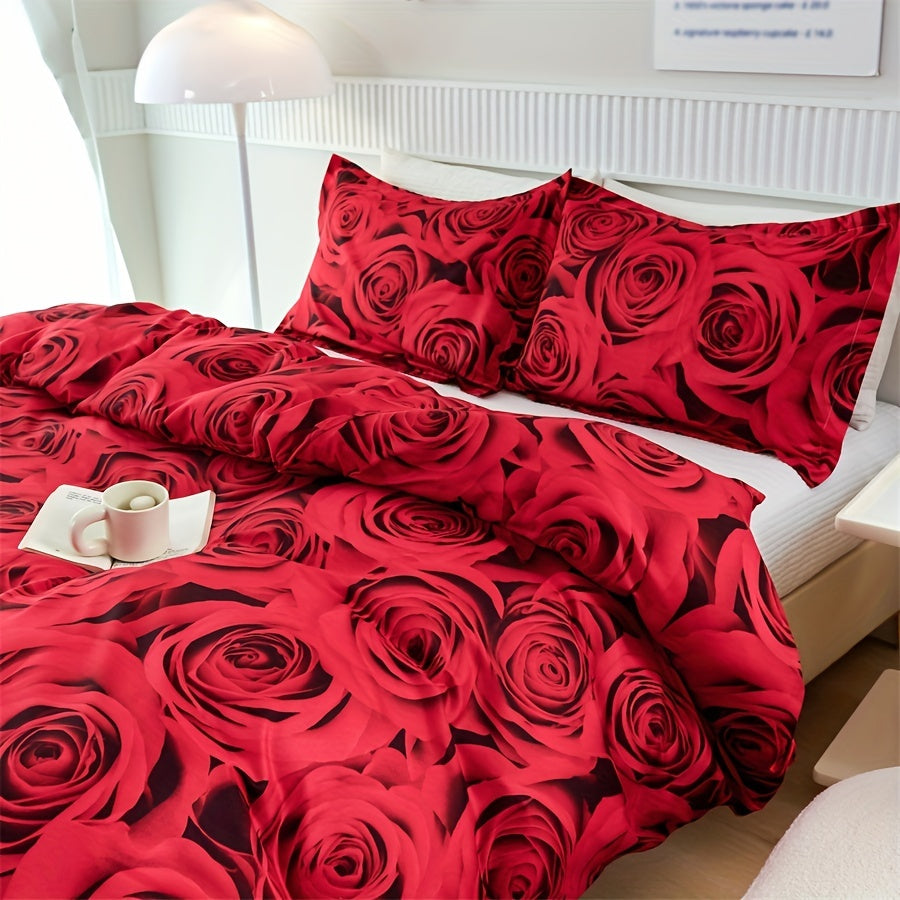 Set of 3 Red Rose Print Duvet Covers Bedding Set with Pillowcases for All Seasons