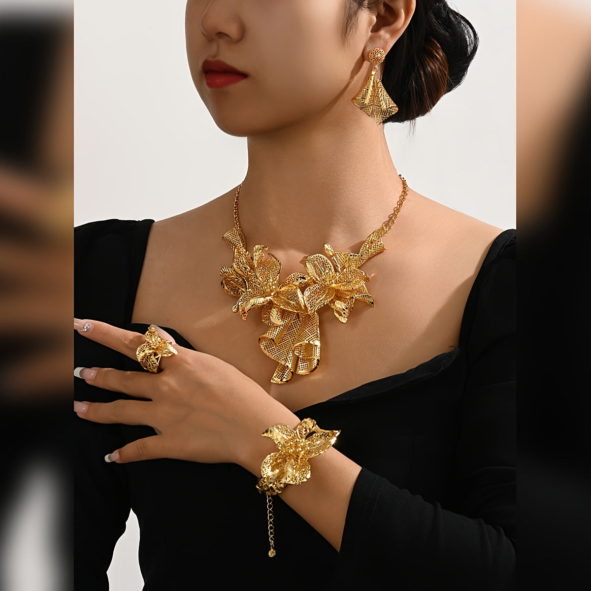 Gold Plated Jewelry Set with Floral Necklace Adjustable Ring and Pendant Earrings