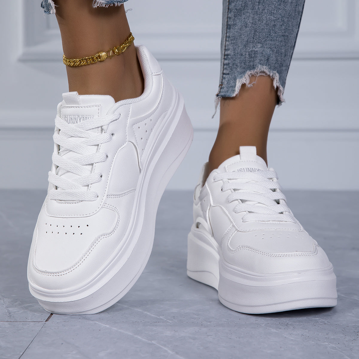 Women's White Sneakers Cushioned Platform Lace-Up Shoes All-Day Comfort