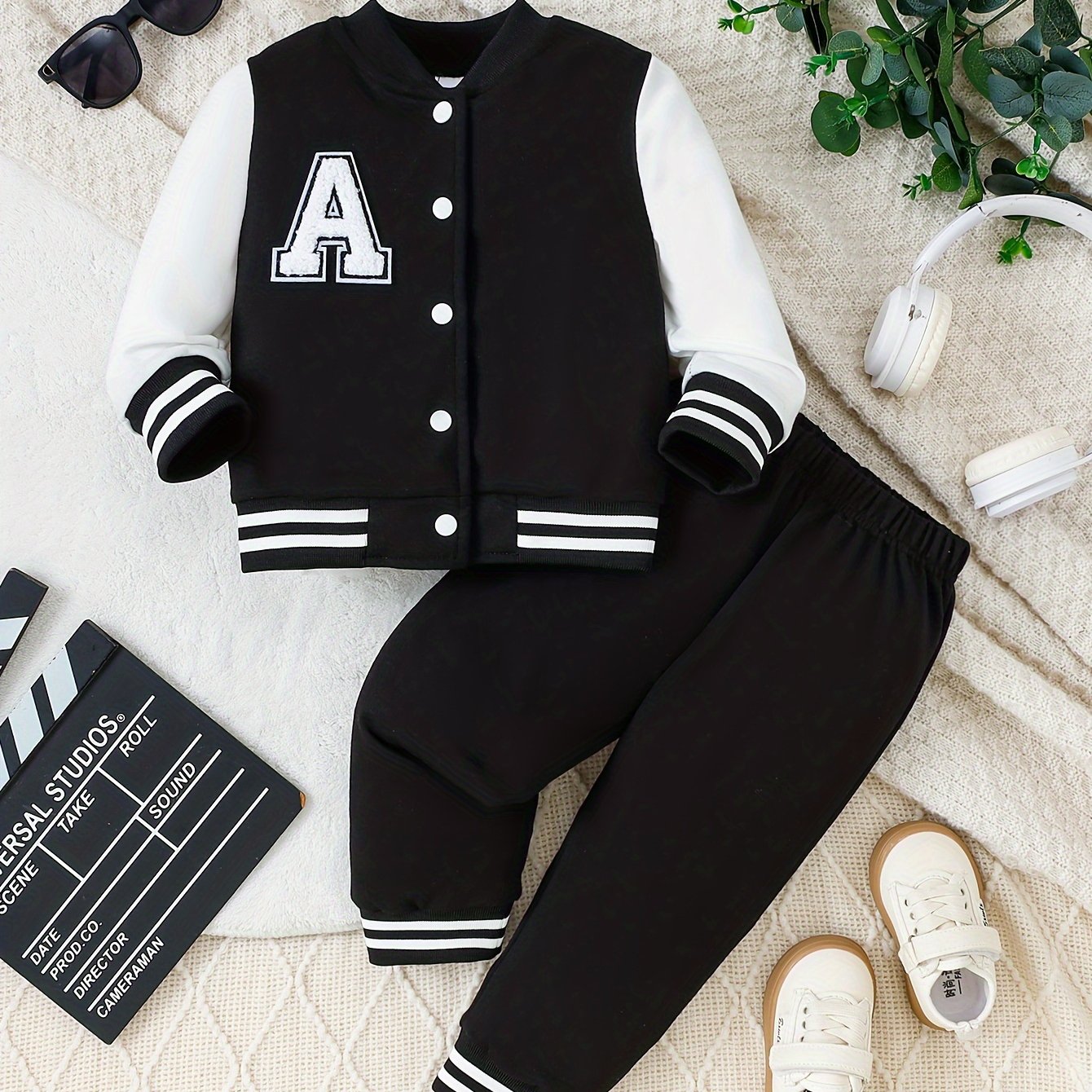 Infant Boys 2-Piece Outfit Set Letter A Embroidered Top Casual Pants Spring Fall Polyester Knit Black White