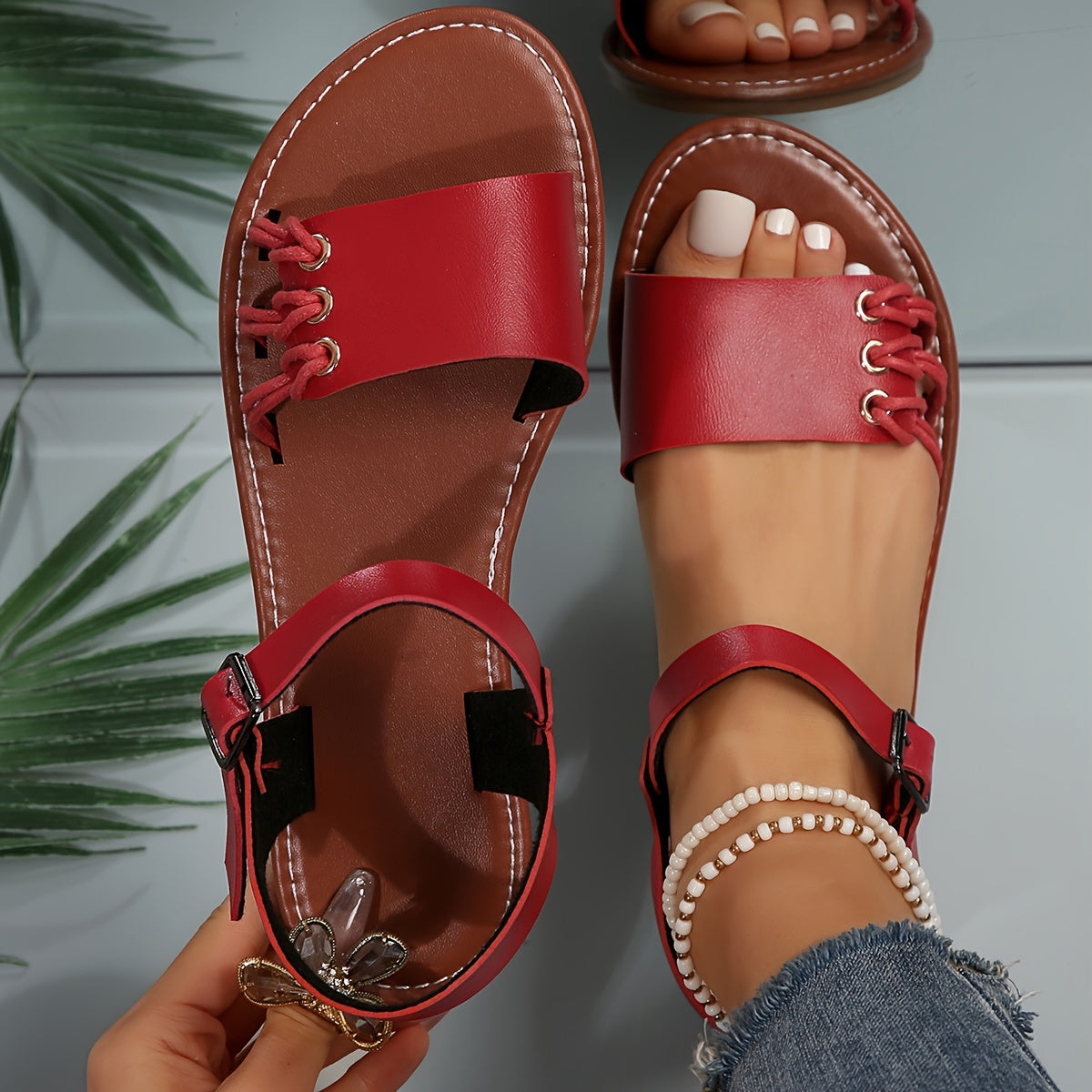 Women's Open Toe Flat Sandals Ankle Strap Casual Beach Shoes