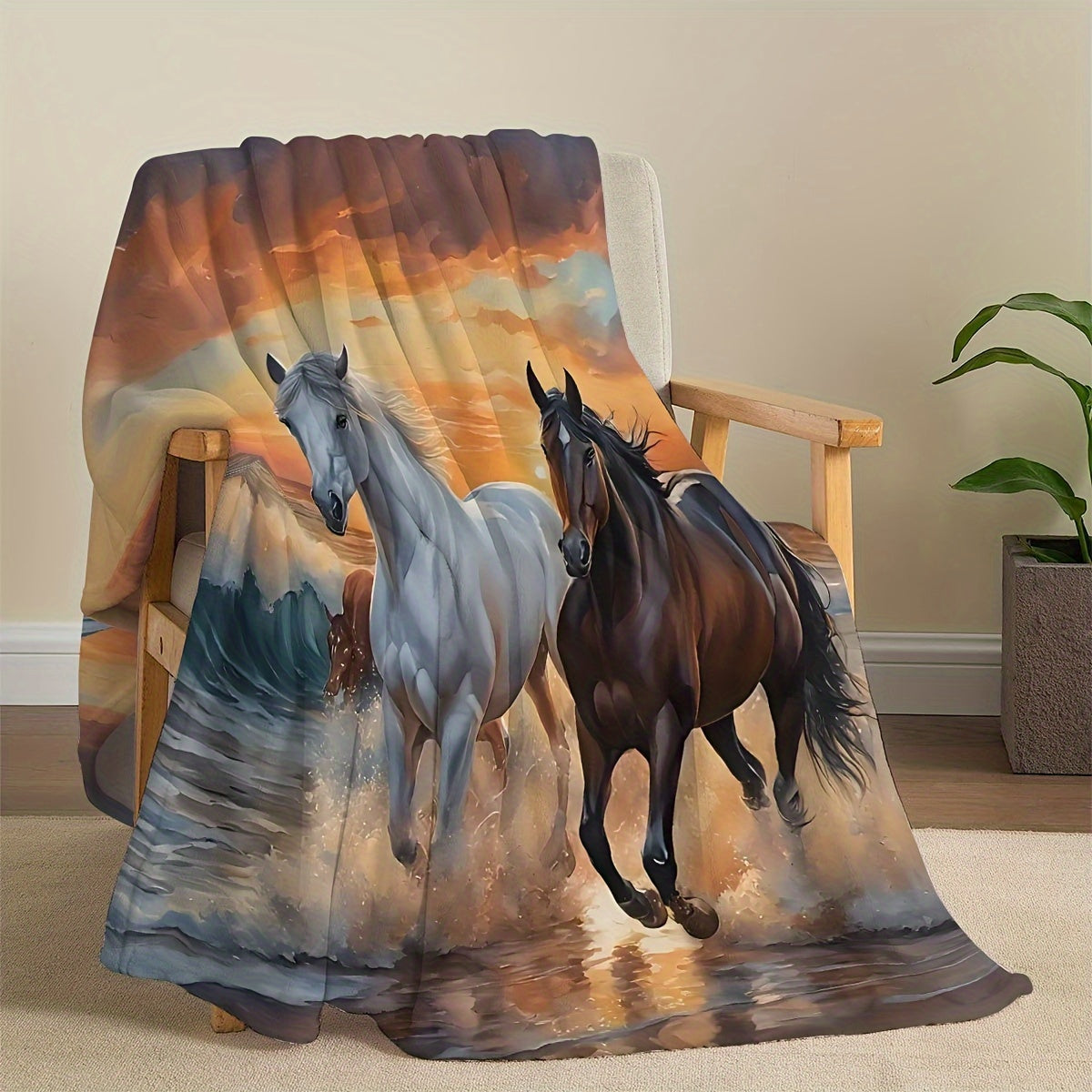 Digital Print Flannel Throw Blanket with Horses for Sofa Bed Camping All-Season