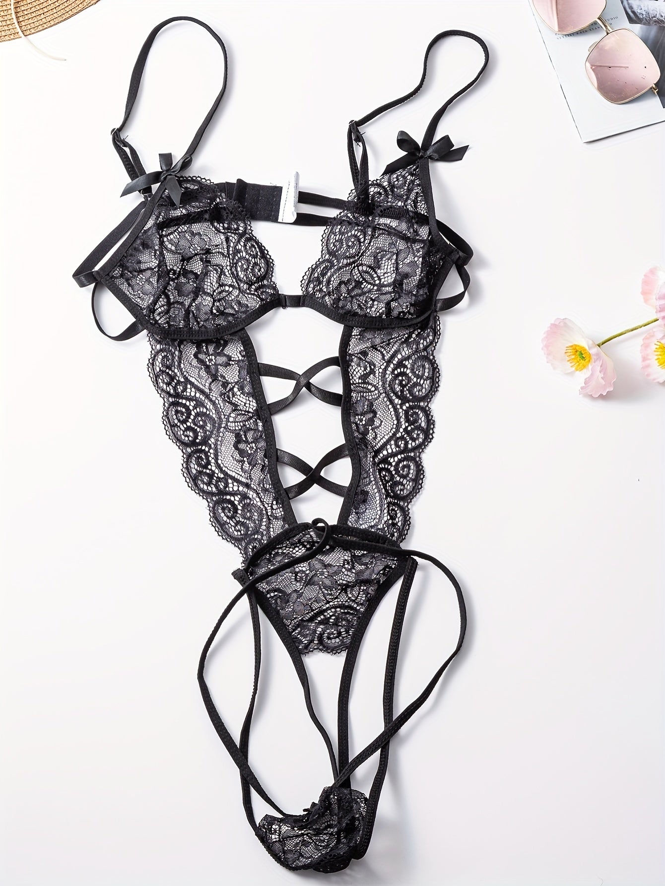 Women's Floral Lace Teddy with Bow Knot Detail Backless Thong Bodysuit