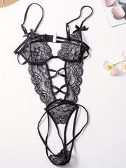 Women's Floral Lace Teddy with Bow Knot Detail Backless Thong Bodysuit