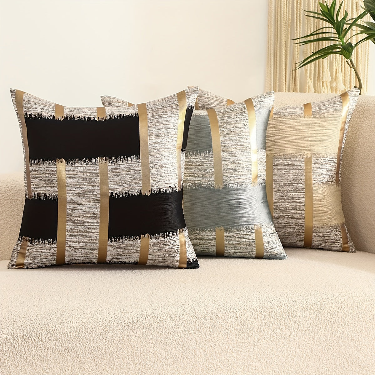 Set of 2 Geometric Pattern Silk Jacquard Throw Pillow Covers Black White Gold for Living Room Sofa Decor